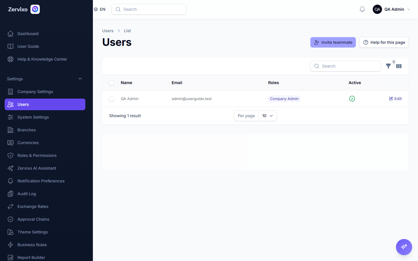 The Users page with the "Invite teammate" button.